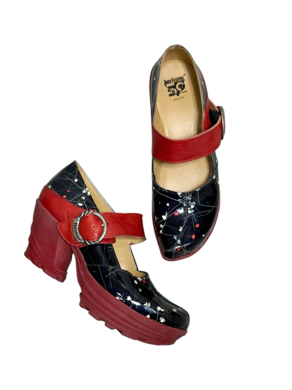 John Fluevog Mellow Sonata Platform Mary Jane Black Red Floral Print 10/10.5